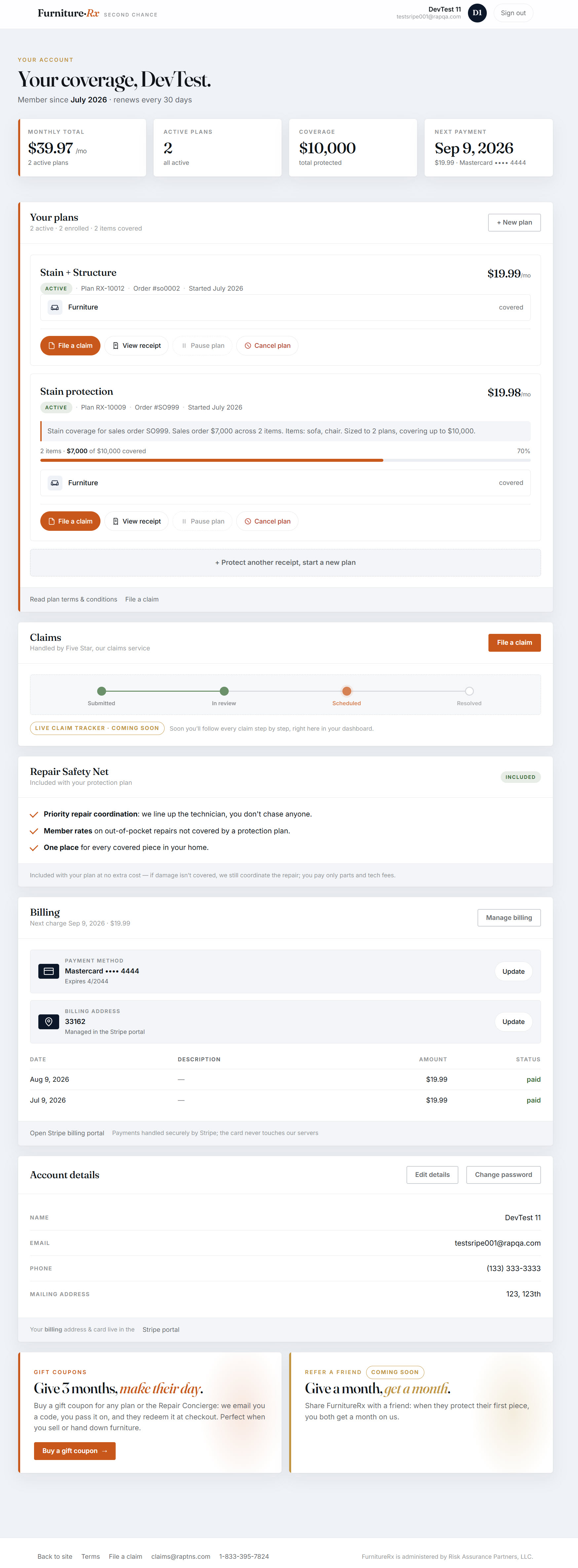 FurnitureRx customer dashboard