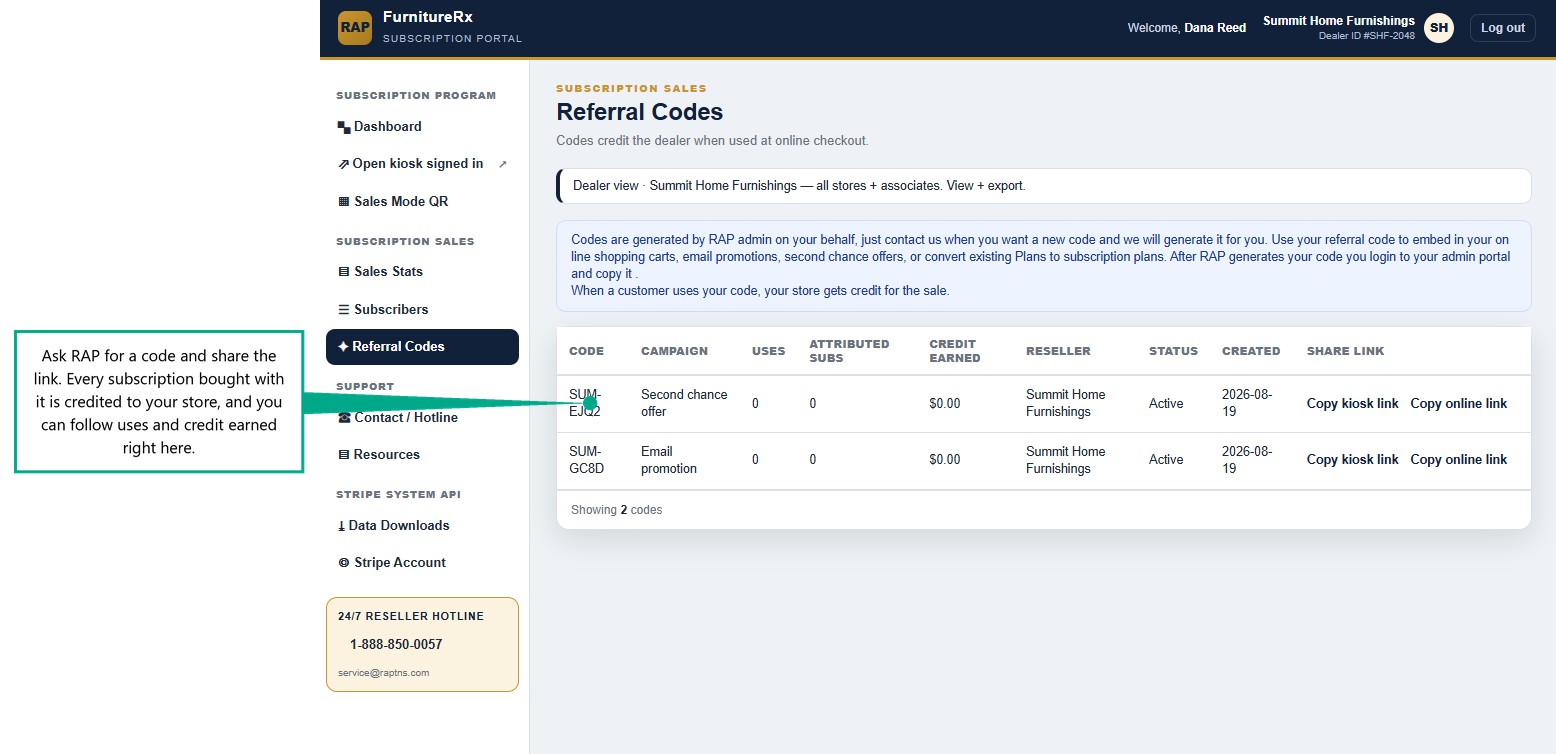 Owner portal referral codes page