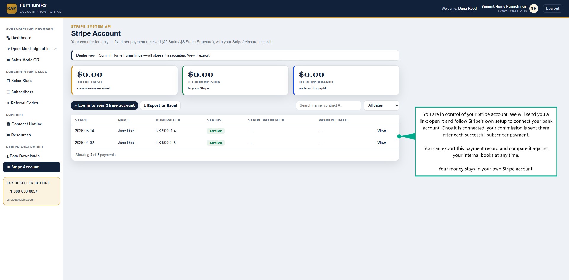 Dealer Stripe account reporting